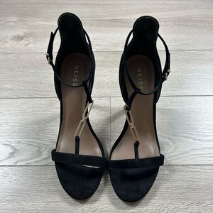 REISS Gold Hardware Detail Black Suede Strap Stiletto Heels